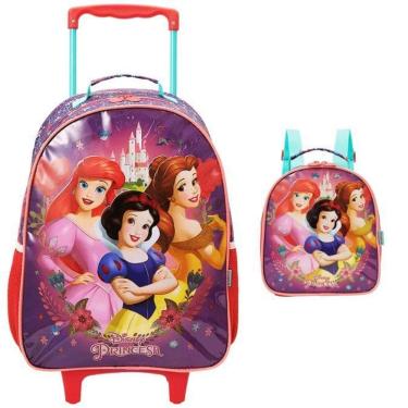Imagem de Kit Mochila Escolar Princesas Castelo Rodinha Tam G Infantil