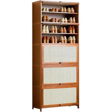 Imagem de Armário de sapatos de bambu verde com portas de vime, organizador de sapatos de 10 camadas para entrada, corredor, banheiro e cozinha - Armário de armazenamento moderno de sapato, natureza, 10 andares