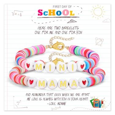 Imagem de Risyfjew Presentes de volta às aulas para mamãe e filha, mamãe e mini braclets primeiro dia de aula, Mommy and Me, pulseira de coração com contas de argila, 16.5cm, Sem Pedra Preciosa