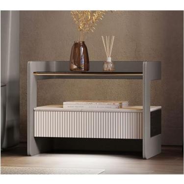 Imagem de Mesa de cabeceira moderna com sensor inteligente de luz e gaveta de madeira mesa de cabeceira de vidro minimalista mesa lateral lateral de couro armário de cabeceira para quarto, cinza, 50 x 37 x 48