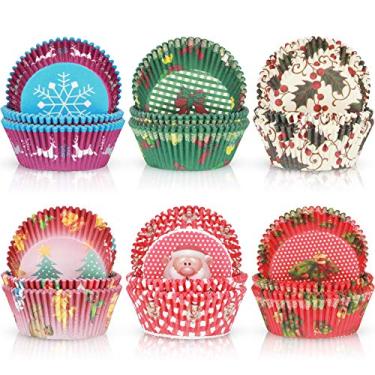Imagem de 600 peças de forros de cupcake de Natal, copos de muffin de papel colorido, porta-cupcake, descartáveis, para decorações de festas temáticas de Natal e decorações de férias (série clássica)