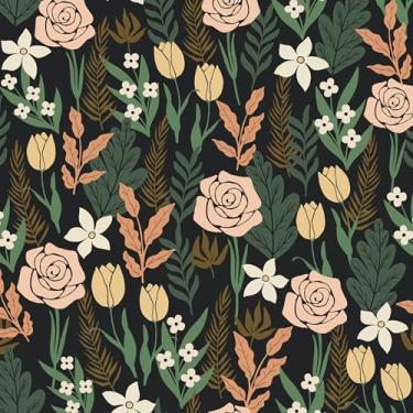 Imagem de Papel de parede floral Boho Peel and Stick, Rose Flowers Farmhouse Contact Paper, preto/rosa/verde, papel de parede botânico autoadesivo à prova d'água removível para prateleiras armário gaveta