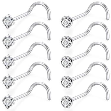 Imagem de Qiwnswoy 10 peças de piercing de nariz de aço cirúrgico/titânio brincos de nariz em forma de L CZ sem piercing corporal joias para mulheres 22g/20g/18g, Metal Cristal, Zircônia cúbica