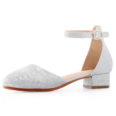 Imagem de Secret Slippers Sapatos sociais femininos com glitter – bico fechado salto alto grosso com tira no tornozelo para casamentos, festas e ocasiões especiais (crianças grandes), Glitter prata, 19