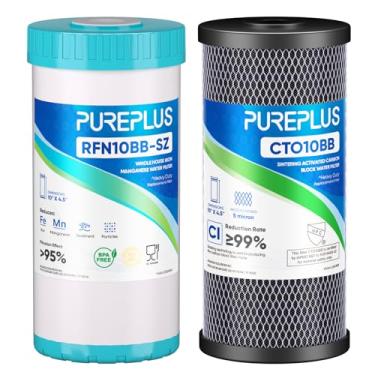 Imagem de PUREPLUS Kit combo de cartucho de filtro de água de 2 estágios de 11,4 cm x 25,4 cm com bloco de carbono ativado e filtro de redução de ferro - kit de substituição de filtragem de água de 5 mícrons, 1