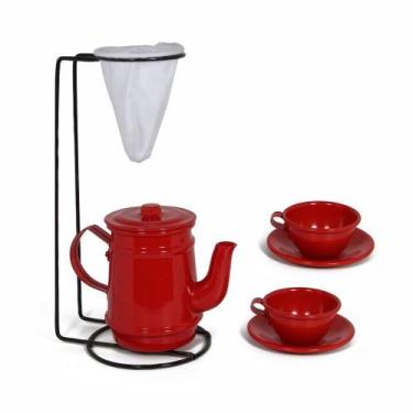 Imagem de Kit Bule Com Suporte Para Coador + Mini Xícaras - Vermelho - Alumínios