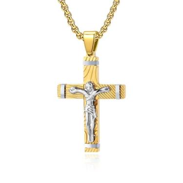 Imagem de MOOSKI Colar de cruz crucifixo para homens, colares de cruz de ouro Jesus com corrente de cruz e pingente de cruz de aço inoxidável, joias para presentes, corrente de rolo de 55 a 61 cm, Sem Pedra