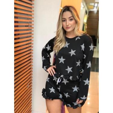 Imagem de Pijama Feminino blusa Manga Longa e short estampado Inverno - Pijamas 