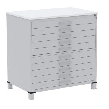 Imagem de Mapoteca 10 Gavetas Pandin 120 Cm (larg) Inmetro Tampo Mdp Branco Estrutura Aço Cinza Gavetas Cinza