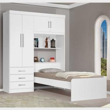 Imagem de Guarda Roupa Solteiro 4 Portas com Cama de Solteiro Cancun J&A Móveis Flex Color Branco/Lilás