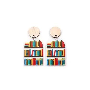 Imagem de Biblioteca, livro, brincos, argola, prateleira, acrílico, transparente, leitura, bibliotecário, Y2K, professor, estudante, de volta às aulas, retrô, escritor, romance, disco de vinil, tocador, DJ