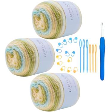 Imagem de Hobekoee Fio de bolo para crochê, fio de crochê colorido 3 x 100 g, 60% algodão, 30% acrílico, 10% lã, fio de algodão ombré gradiente macio para suéter de crochê, cobertor, luva