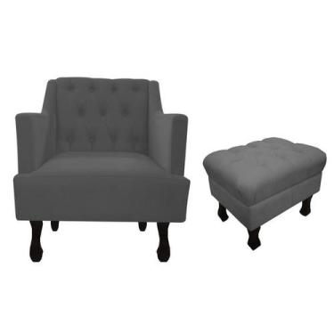 Imagem de Kit Poltrona Decorativa Julia + Puff Luis Xv Suede Cinza Pés Madeira M