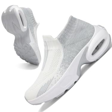 Imagem de Tênis de malha feminino – antiderrapante, sem cadarço, tênis de meia – leve, tênis de corrida com amortecimento de ar, tênis de trabalho, Branco e cinza 20, 35