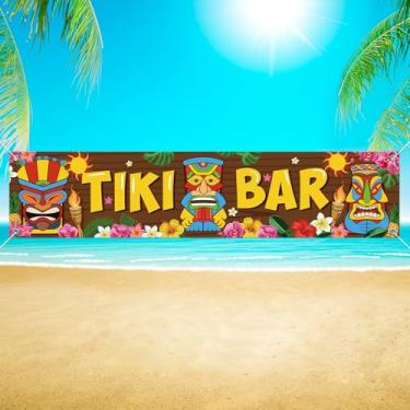 Imagem de Luau Party Decoration Tiki Bar Banner Tiki Decoration Hawaii Party Tropical Banner Tiki Totem Tiki Bar Aloha Scene Setters for Hibiscus Decorations Carnival Wooden House Barn Backdrop, 15.7 x 72 Inch