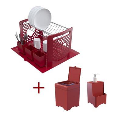 Imagem de Kit Cozinha Escorredor Coração + Lixeira 5,4l + Dispenser Vermelho