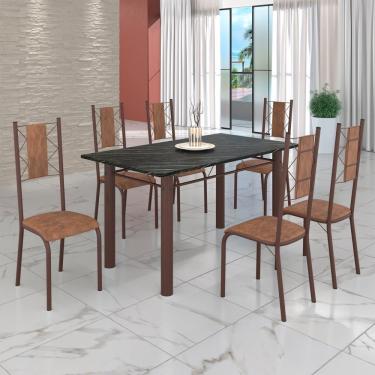 Imagem de Conjunto Sala De Jantar Mesa Tubo 140x75cm Tampo Pedra Ardósia C-6 Cadeiras Courino Marrom - Marrom