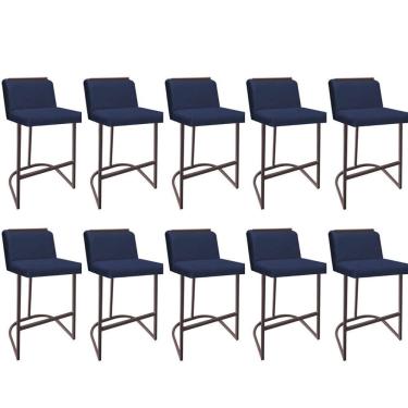 Imagem de Kit 09 Banquetas Com Encosto Confort Bistrô Cozinha Ferro Marrom Suede Azul Marinho Amey Decor