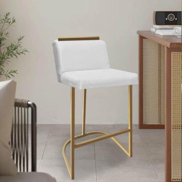 Imagem de Banqueta Com Encosto Nynna Luxo Confort Bistrô Cozinha Ferro Dourado Corino Branco - Amey Decor