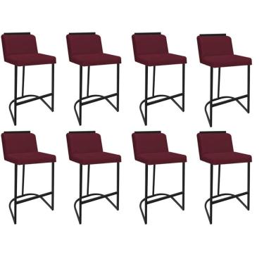 Imagem de Kit 08 Banquetas Com Encosto Nynna Luxo Confort Bistrô Cozinha Ferro Preto Suede Bordô - Amey Decor