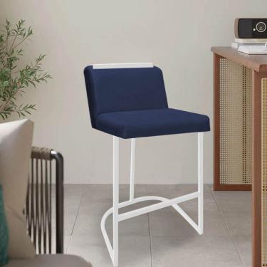 Imagem de Banqueta Com Encosto Nynna Luxo Confort Bistrô Cozinha Ferro Branco Suede Azul Marinho - Amey Decor