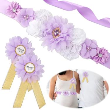 Imagem de On-Airstore Faixa de mãe para chá de bebê, lembrancinhas de festa, decorações de flores roxas, faixa de maternidade, vestido de chá de bebê para mamãe e papai para gravidez, adereços de fotos