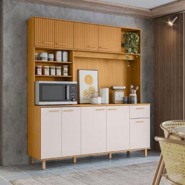 Imagem de Cozinha Compacta Poliman Nuria 9 Portas, 1 Gaveta E 4 Prat Freijó Com Off White