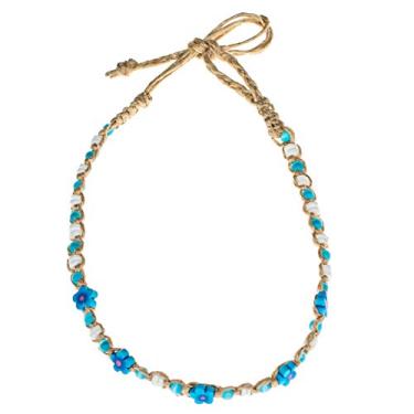 Imagem de BlueRica Colar gargantilha de cânhamo com conchas de puka, brilho e contas de flores Fimo, fibra natural, Ágata