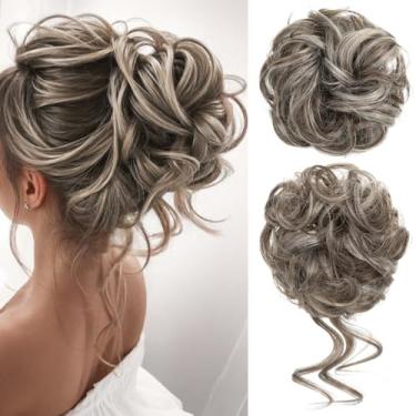 Imagem de CJL HAIR 2 Peças De Cabelo Coque Bagunçado Ondulado Cacheado Sintético Updo Chignon Scrunchies Falsos Rabo Cavalo Extensão Para Mulheres Cinza Acinzentado