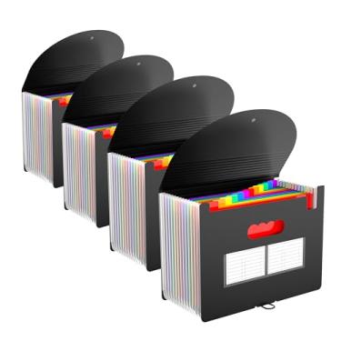 Imagem de Pacote com 4 pastas de arquivos expansíveis com etiqueta em branco, organizador de arquivos sanfonado de 12 bolsos, organizador de documentos, pastas sanfonadas de mesa para guardar arquivos tamanho