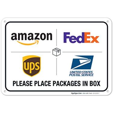 Imagem de Placa de entrega de pacote, instruções de entrega para placa Fedex Amazon Ups Usps, alumínio sem ferrugem 25,4 x 18,8 cm, resistente ao clima/desbotamento, fácil montagem, uso interno/externo, feito nos EUA pela Sigo Signs