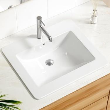 Imagem de Enbol Pia de banheiro embutida de 53 cm x 45 cm – pia retangular de cerâmica branca com furo único e transbordamento, pia de banheiro com montagem superior (modelo O2118)