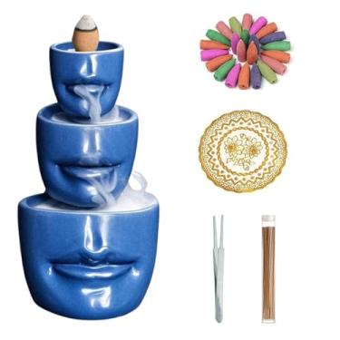 Imagem de Simcat Suporte para queimador de incenso com refluxo facial, artesanato, resina, fluxo reverso, incensário, cone + 20 cones de incenso de refluxo, 30 bastões de incenso, 1 pinça e 1 tapete (azul fosco