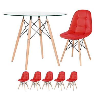 Imagem de Loft7, Kit Mesa de Vidro Eames 90 cm + 5 Cadeiras Eames Botonê, PU sintético, Aço e Madeira, Escritório, Sala de Estar e Sala de Jantar - Rosa Claro