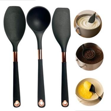 Imagem de Kit 3 Utensílios Cozinha Em Silicone Cinza Detalhe Rose Gold Jogo De U