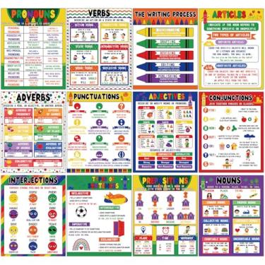 Imagem de AmazingSpark 12 peças de pôsteres de giz de cera para sala de aula, gramática inglesa, pôsteres educativos, pontuações, processo de escrita para decoração de parede de escola primária