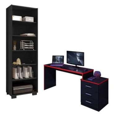 Imagem de Mesa Para Computador Gamer Drx 5000 E Livreiro Office Preto Trama Verm