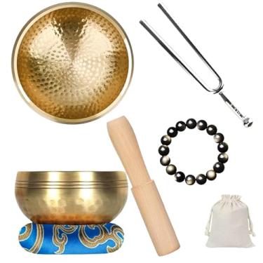 Imagem de Conjunto de tigelas de canto tibetanas, tigelas de canto, tigela de som de meditação - kit completo de tigela de meditação com almofada, martelo e guia - Sino tibetano perfeito para ioga, relaxamento
