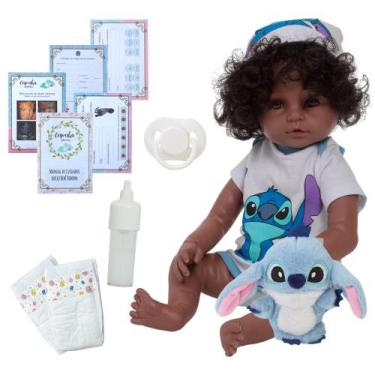 Imagem de Boneca Bebê Reborn Cabelo Cacheado Fofa Pelúcia Kit Itens - Cegonha Re