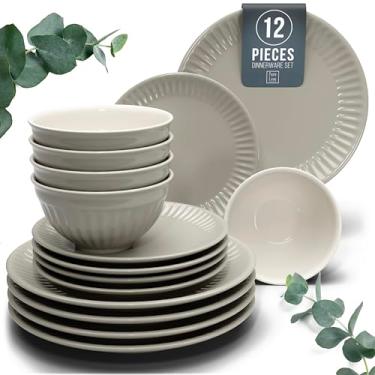 Imagem de Conjunto de louça de grés para 4 pessoas HYGGE 12 peças - Design elegante Scandi - Conjunto de pratos premium - Conjunto de tigela e prato - Utensílios de mesa para 4 pessoas em um design canelado