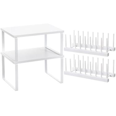 Imagem de Marsui Conjunto de 4 peças de acessórios organizadores de cozinha, prateleira organizadora de armário e prateleira de prato de bambu para secagem, suporte de armazenamento para suporte de temperos