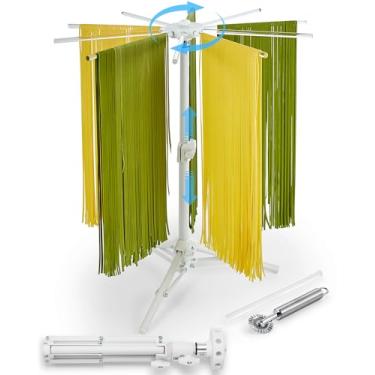 Imagem de MUMSUNG Escorredor de macarrão dobrável – rotação de 360° e altura ajustável, grande secador de macarrão dobrável com hastes de acrílico sem BPA para espaguete caseiro de macarrão fresco, fácil de
