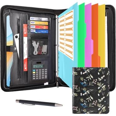 Imagem de Eshow Organizador de portfólio – fichário de 3 anéis com zíper, pasta de couro vegano com bloco de notas, inclui 5 protetores de folhas coloridas para arquivos de documentos para homens e mulheres