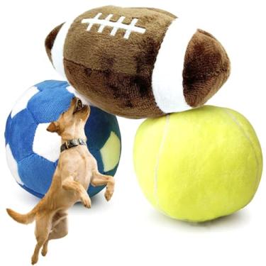 Imagem de Bola de brinquedos interativos para cães, 3 peças de brinquedos fofos, bola de futebol, bolas de futebol e tênis para pelúcia pequena e média, presentes de aniversário macios