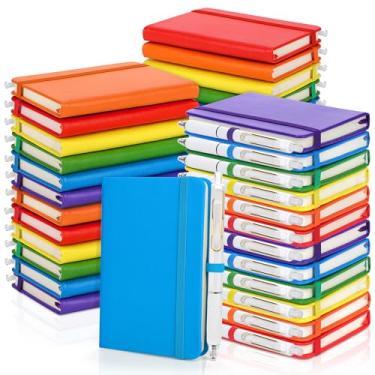 Imagem de Aneco 50 conjuntos de cadernos de bolso com canetas, mini cadernos revestidos de couro PU A6 com capa dura, bloco de notas pautado na faculdade de 9 x 13 cm com suporte de caneta para material escolar
