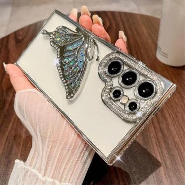 Imagem de Capa para Samsung A05S com revestimento em glitter, borboleta, areia movediça, strass, transparente (para Samsung A05S/prata)