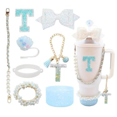 Imagem de Conjunto de 8 peças de acessórios para copo Stanley de 30 e 1,672 g com alça, incluindo topo de palha, bota, alça de alça de garrafa de água, decoração de arco de palha, pulseiras, pingente de letra