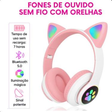 Imagem de Headset Infantil Rosa Bluetooth LED com Som Claro e Orelhas de Gato Aj