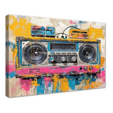 Imagem de Novatique Música Retrô Áudio Arte de Parede Gravador Arte de Parede Fita Cassete Abstrata Decoração de Parede Pôster de Música Pintura Grafite Impressão em Tela para Sala de Estar Quarto, 61 x 91 cm