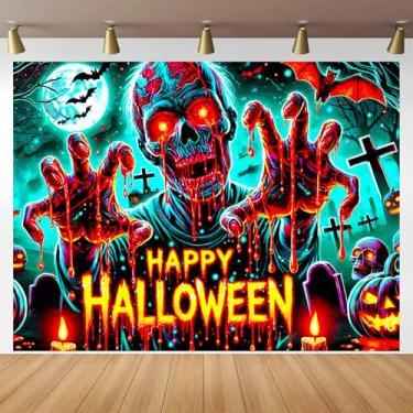 Imagem de BlissYard Tapeçaria de Halloween de zumbi de terror com luz negra que brilha no escuro UV reativo assustador cemitério assombrado decoração de festa de Halloween com morcegos abóboras caveira para
